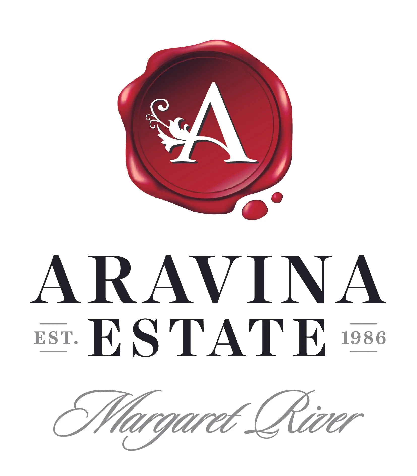Logo of Aravina Estate, established in 1986, featuring a stylized 'A' with floral accents and a red wax seal background, alongside the text 'Margaret River'.