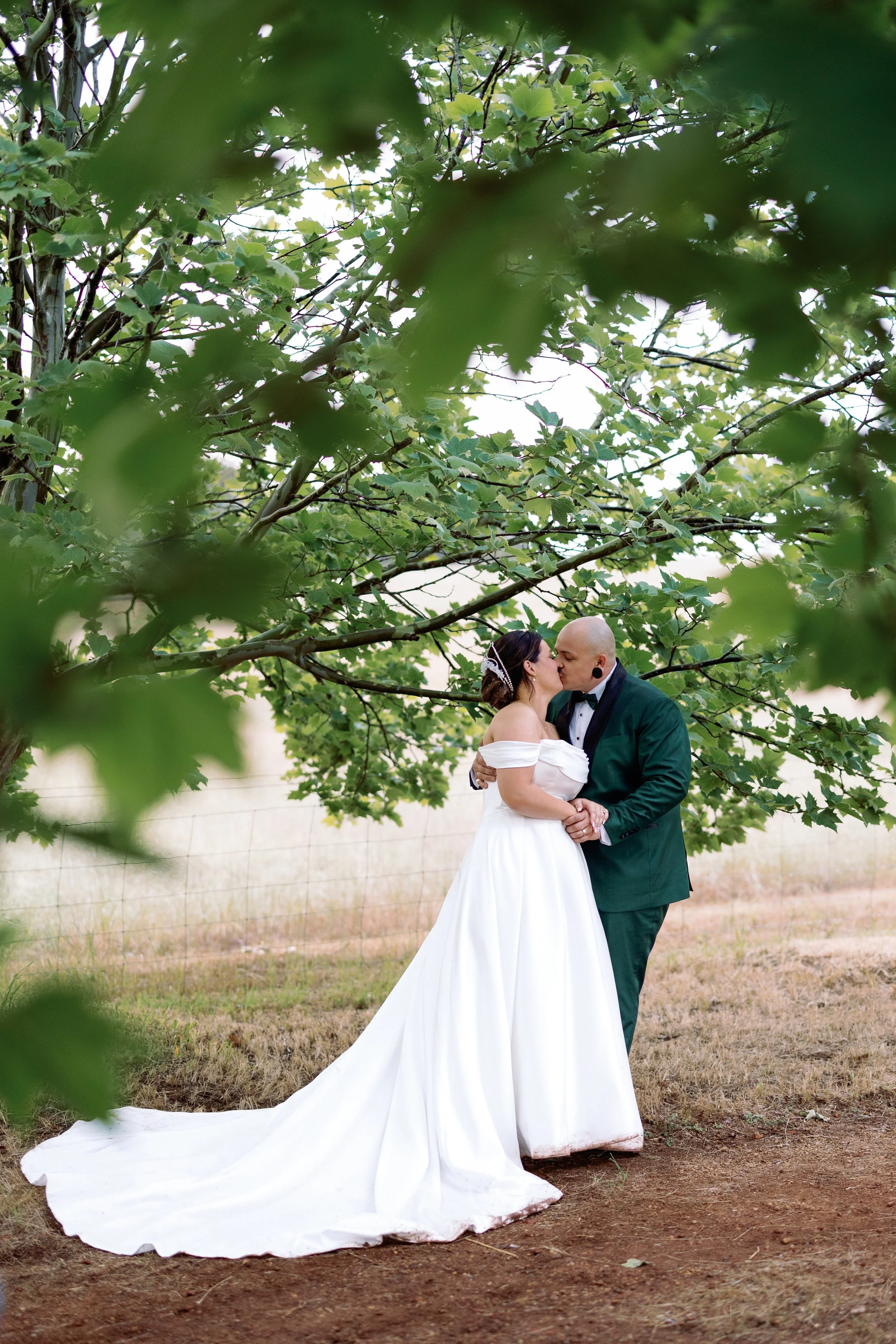 A newlywed couple kissing outdoors under a leafy tree, with the bride in a white gown and the groom in a dark tuxedo, on a grassy area with a fence in the background.