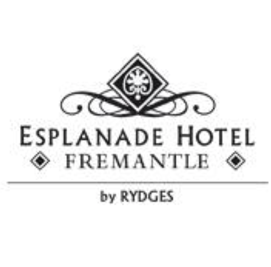 Logo of Esplanade Hotel Fremantle by Rydges with a decorative crest above the text.