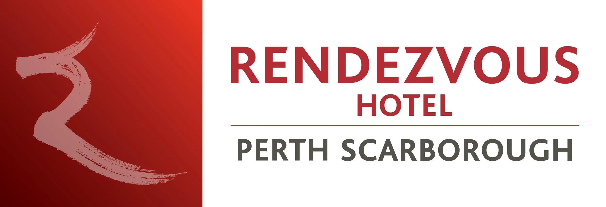 Logo for Rendezvous Hotel Perth Scarborough featuring a stylized coral shape on a red background, with the hotel name in red and gray text.
