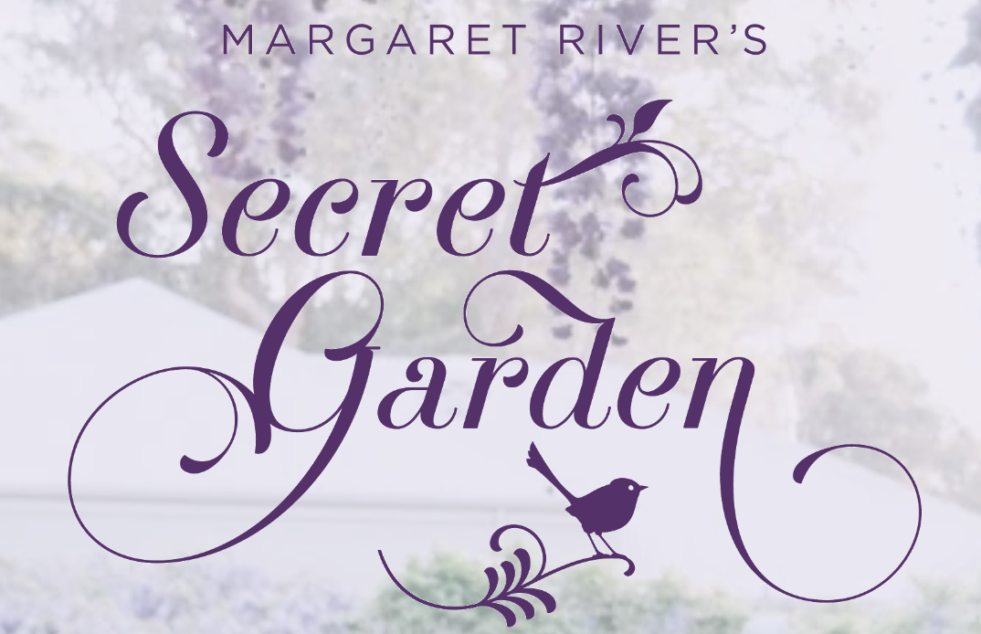Cover of Margaret River's Secret Garden book with purple text and decorative elements, featuring a bird illustration.