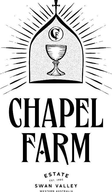 Logo for Chapel Farm estate, established in 1905, located in Swan Valley, Western Australia. Features a church arch with a cross, radiating lines, a chalice with a monogram, and bold text.