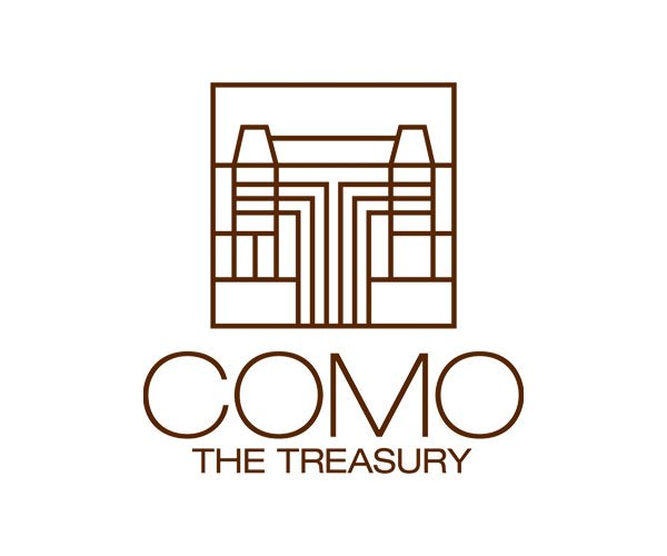 Logo with a stylized building or temple design above the text 'COMO THE TREASURY' in brown lines on a white background.