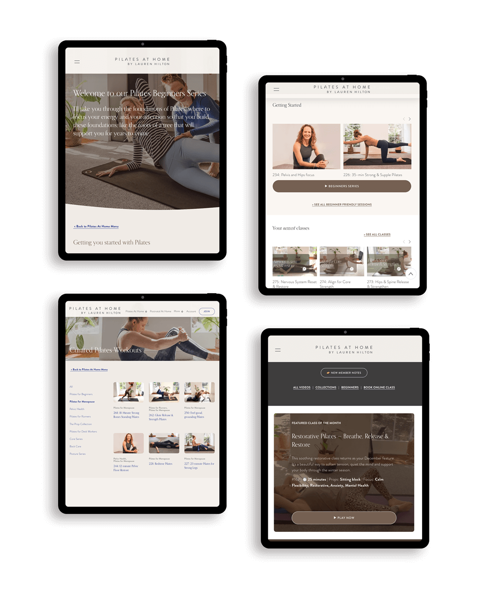Screenshots of Pilates At Home platform, displaying classes, workouts, and featured classes.