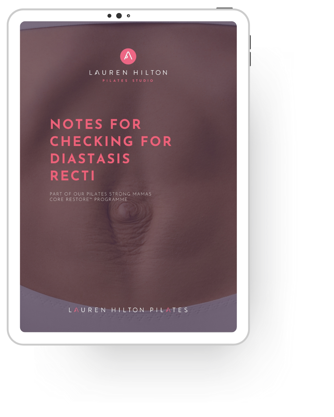 Cover of a Postnatal Pilates e-guide titled "Notes for Checking for Diastasis Recti" by Lauren Hilton Pilates, featuring a close-up photo of a woman's bare abdomen.