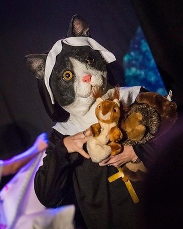 Yes, this is a Cat Nun with a squirrel. 😆 
Who remembers this &amp; if so, when &amp; who is it?
I will reveal all later in the week.

(image : A person dressed as a nun with a cat mask whilst holding a toy squirrel)

#Theatre #Arts #Darlington #Gre