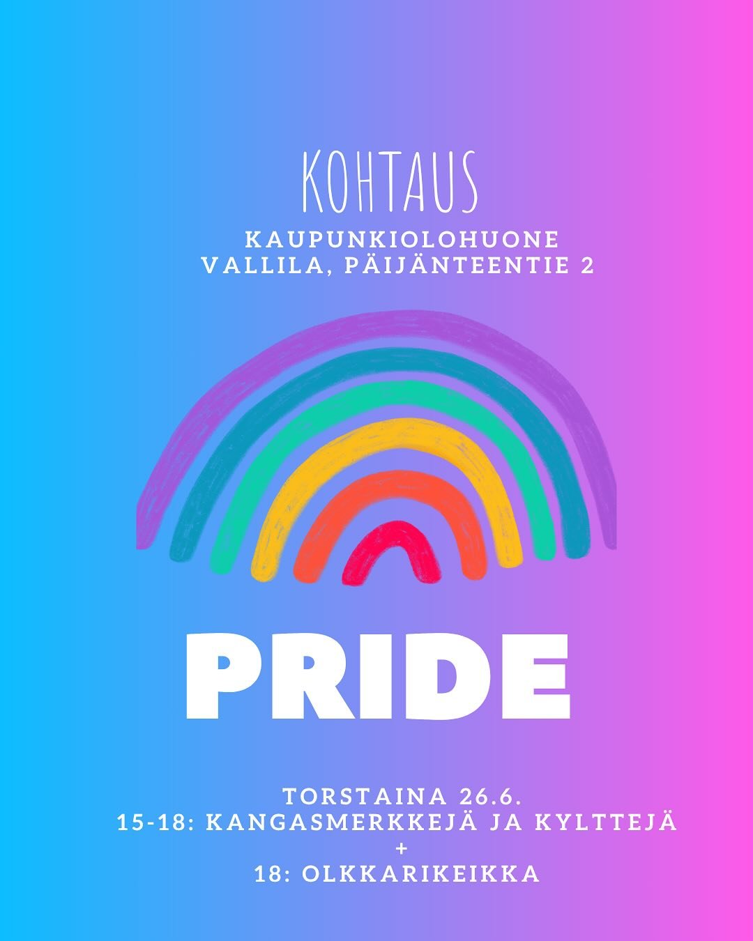 🏳️&zwj;🌈Torstaina 26.6. Pride Specials:
15-18: Kangasmerkkej&auml; ja kylttej&auml; w/Jaako Onkamo
18: Olkkarikeikka eels64.8
///
🏳️&zwj;🌈Thursday 26.6. Pride Specials:
15-18 Patches and protest signs w/Jaako Onkamo
18: Livingroom gig eels64.8
//