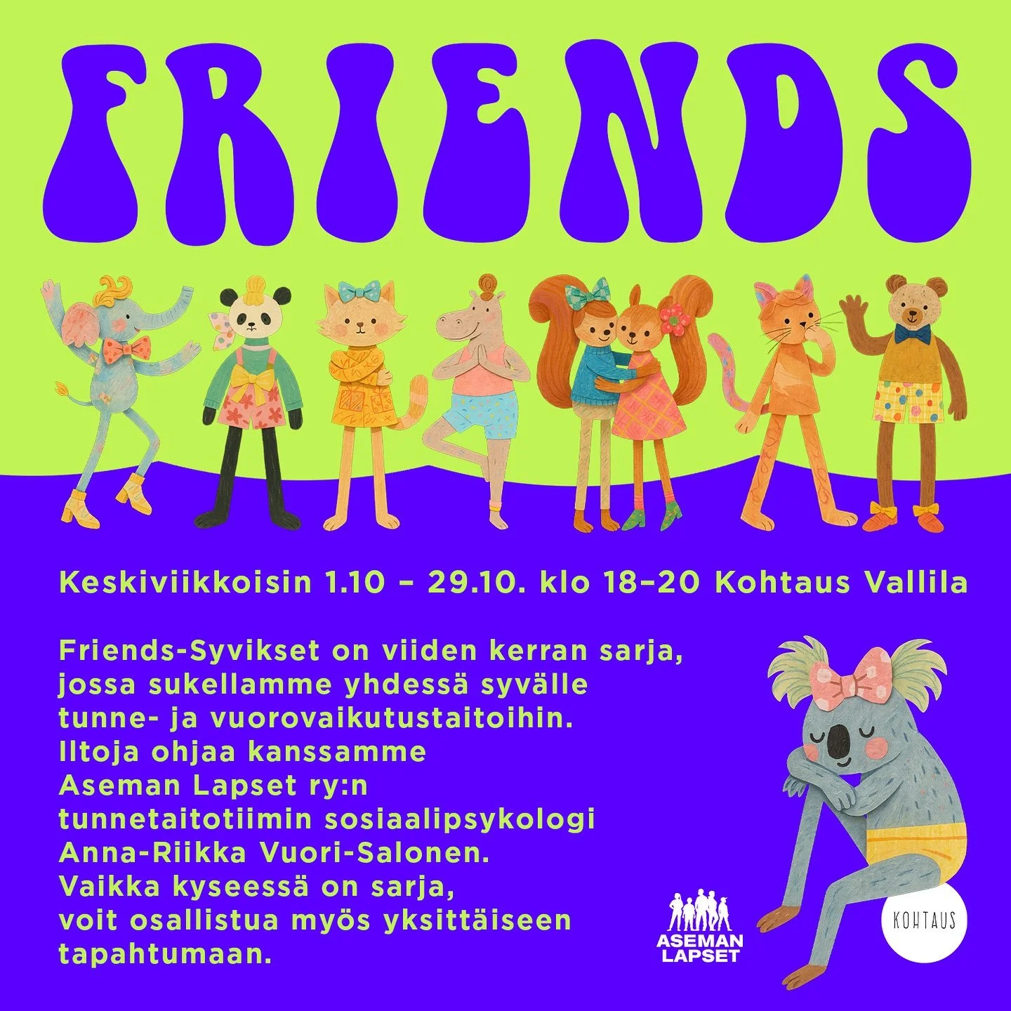T&auml;n&auml;&auml;n py&ouml;r&auml;ht&auml;&auml; k&auml;yntiin Vallilan Kohtauksen Friends-Syvikset!👬👫👭Viiden kerran tapahtumasarjassa sukellamme yhdess&auml; syv&auml;lle tunne- ja vuorovaikutustaitoihin.🤿✨
Iltoja ohjaa kanssamme Aseman Lapse