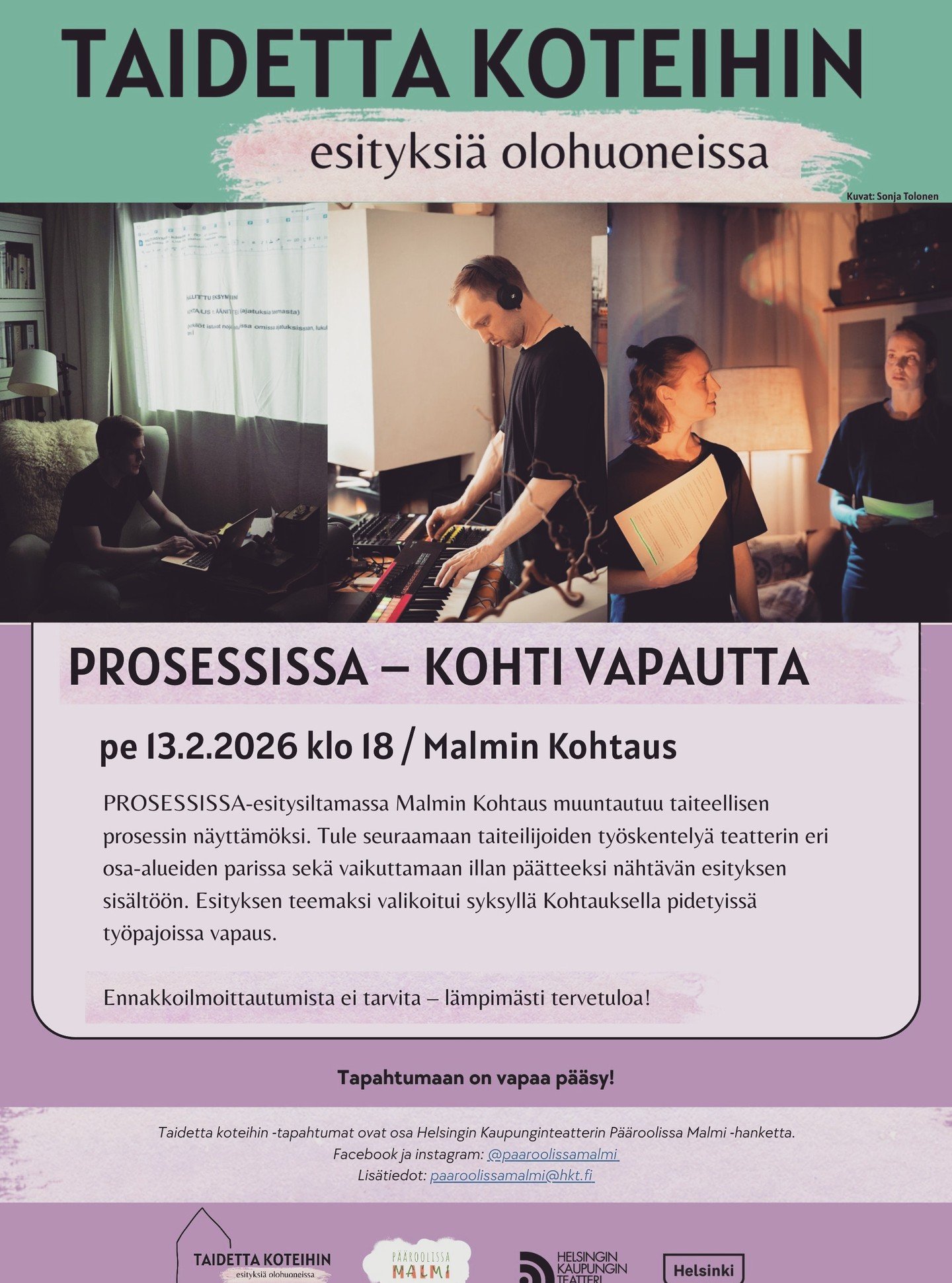 Ensiviikon perjantaina Helsingin Kaupunginteatteri muuntaa Kohtaus Malmin taiteellisen prosessin n&auml;ytt&auml;m&ouml;ksi. 

"PROSESSISSA - KOHTI VAPAUTTA" esitysiltamassa p&auml;&auml;set seuraamaan taiteilijoiden ty&ouml;skentely&auml; 