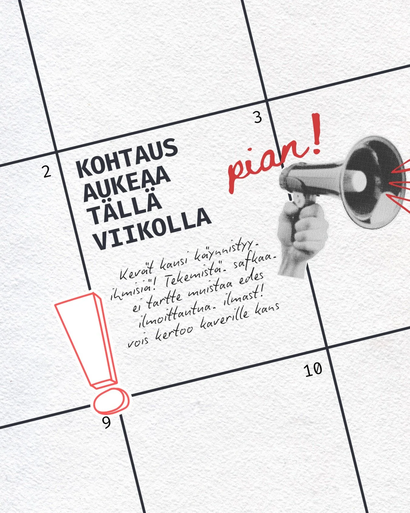 NONIIN ELIKK&Auml;S lue seuraava tarkkaan jos haluat v&auml;ltty&auml; turhilta k&auml;ynneilt&auml; meid&auml;n oville n&auml;ill&auml; pakkasilla :))

KOHTAUS MALMI aukeaa tiistaina 3.2. klo 15.
Olemme kev&auml;&auml;ll&auml; auki TI, KE, TO klo 15