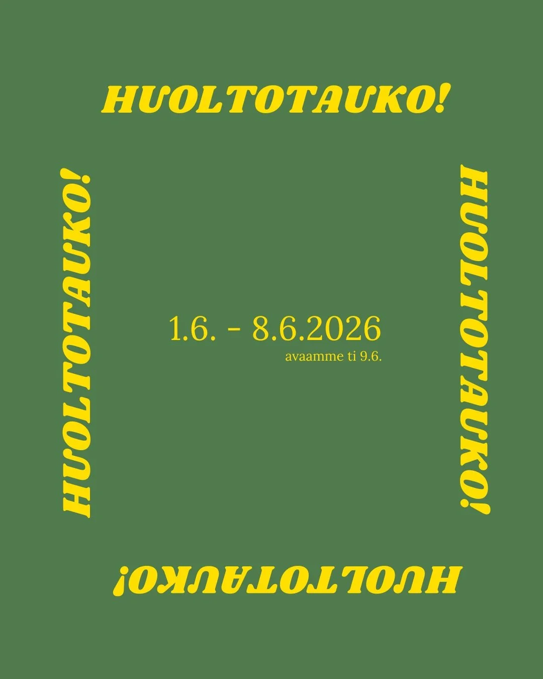 MOIKKA <3 Kohtaus viett&auml;&auml; huoltotaukoa t&auml;m&auml;n viikon ma 1.6. - 8.6.2026. 

Kes&auml;n ohjelma tulee nettiin ja kalenteriin viimeist&auml;&auml;n maanantaina 8.6. 

Avaamme tiistaina 9.6. Seuraa siis meit&auml; ettei p&auml;&auml