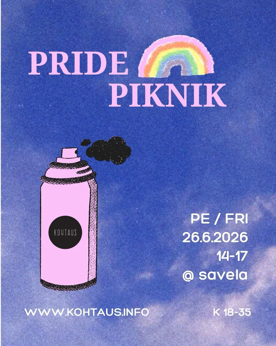 🏳️&zwj;🌈Kohtauksen pride -piknik perjantaina  26.6.🏳️&zwj;🌈

ENGLISH BELOW

Yhteisl&auml;ht&ouml;
Kohtaus Malmilta klo 13.30
TAI 
tuu suoraan paikalle
osoitteeseen:

Savelanpuiston
freestylepark
Jengipolku 8, 00710
Helsinki

Perjantain Pride pikn