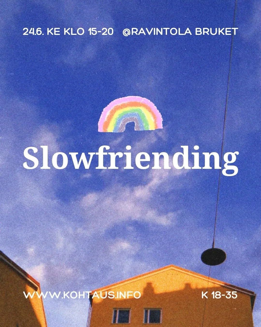 ❤️🧡💛💚💙💜🖤🤎🩵🩷🤍
Hyv&auml;&auml; Pride-kuukautta kaikille!

Kohtaus j&auml;rjest&auml;&auml; Sateenkaari Slowfriending -tapahtuman osana Helsinki Pridea kaikille 18-34 -vuotiaille nuorille aikuisille.

Tule tutustumaan uusiin LGBTQI+-ihmisiin K