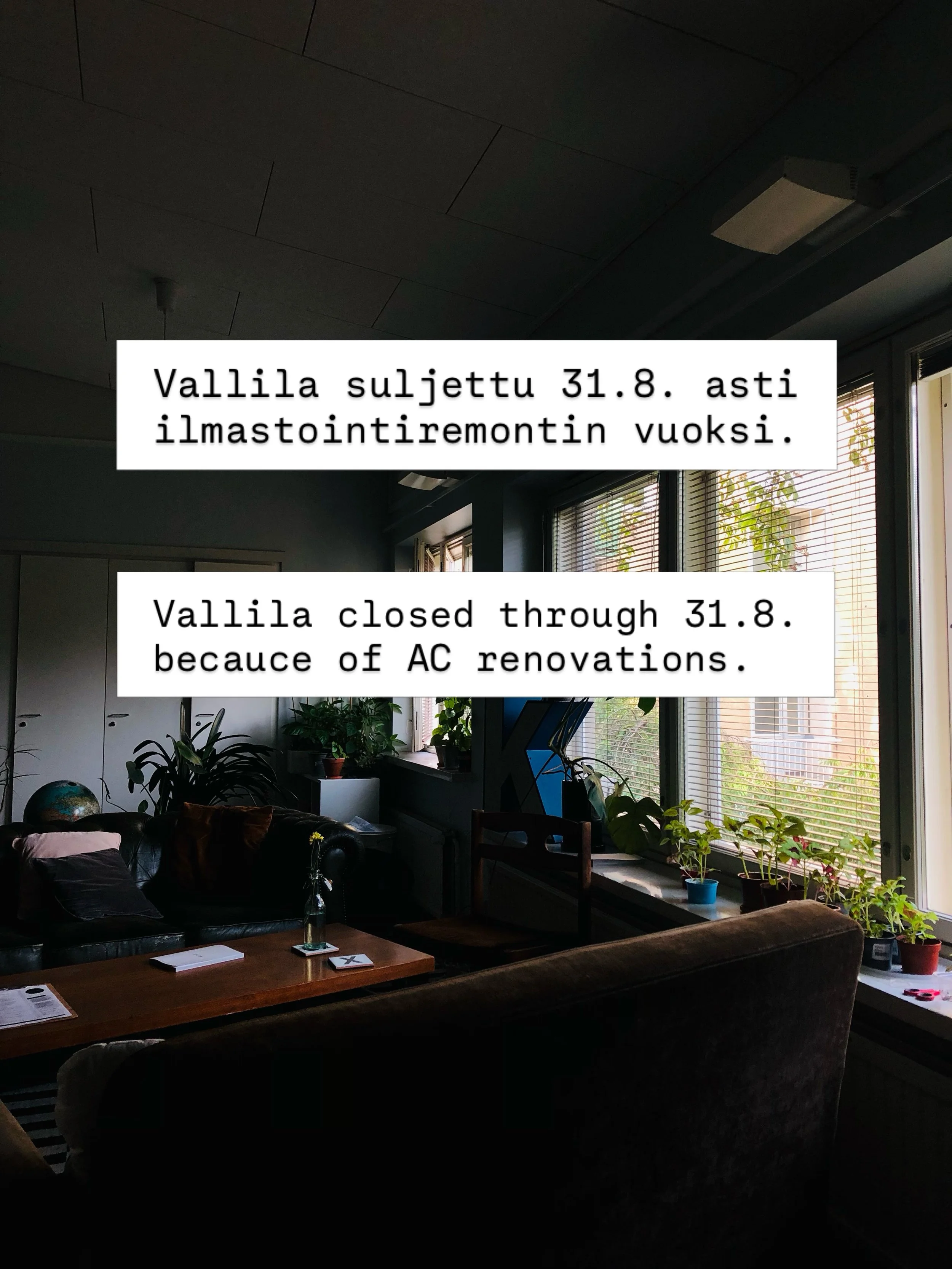 Hei vaan kaikki! Nyt k&auml;vi valitettavasti sill&auml; tavalla, ett&auml; kes&auml;inen lomakausi venytt&auml;&auml; Kohtaus Vallilassa ilmanvaihdon kunnostusta ja joudumme sen takia siirt&auml;m&auml;&auml;n Vallilan toimintaa Malmille Hein&auml;-