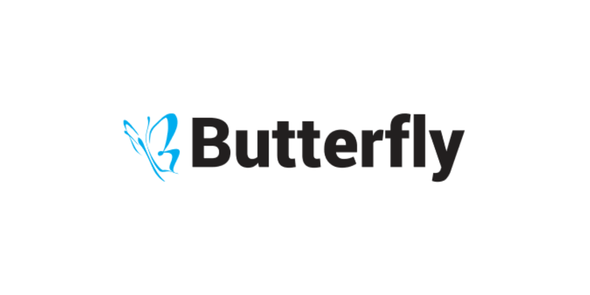 Logo with a stylized blue butterfly icon next to the black text 'Butterfly' on a white background.