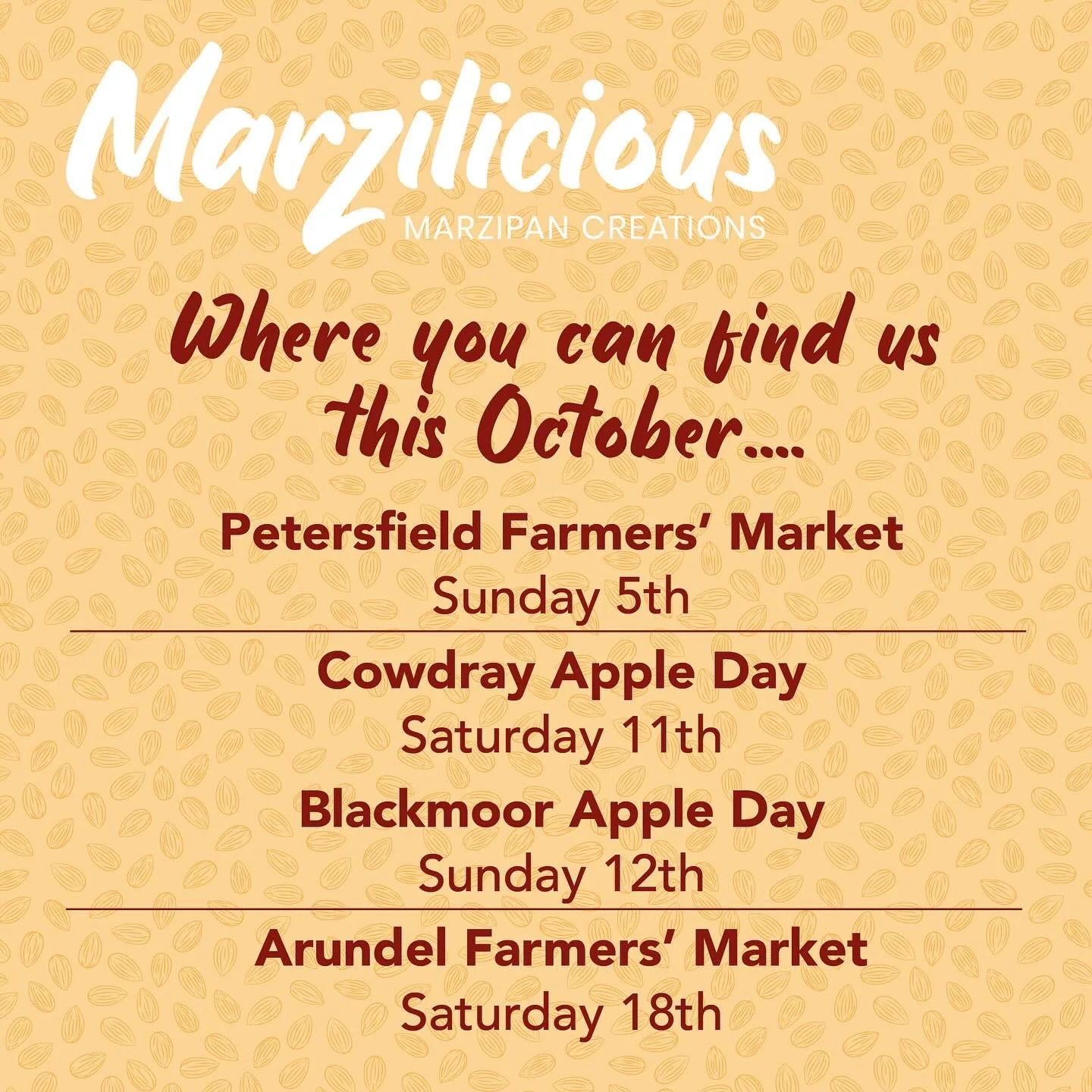 Hello October! We certainly have the Autumn vibes going on here at Marzi HQ&hellip;. We have apples, pumpkins&hellip;.. more apples, more pumpkins all hand made from our delicious own marzipan.
We&rsquo;ll be at these following markets and events thr