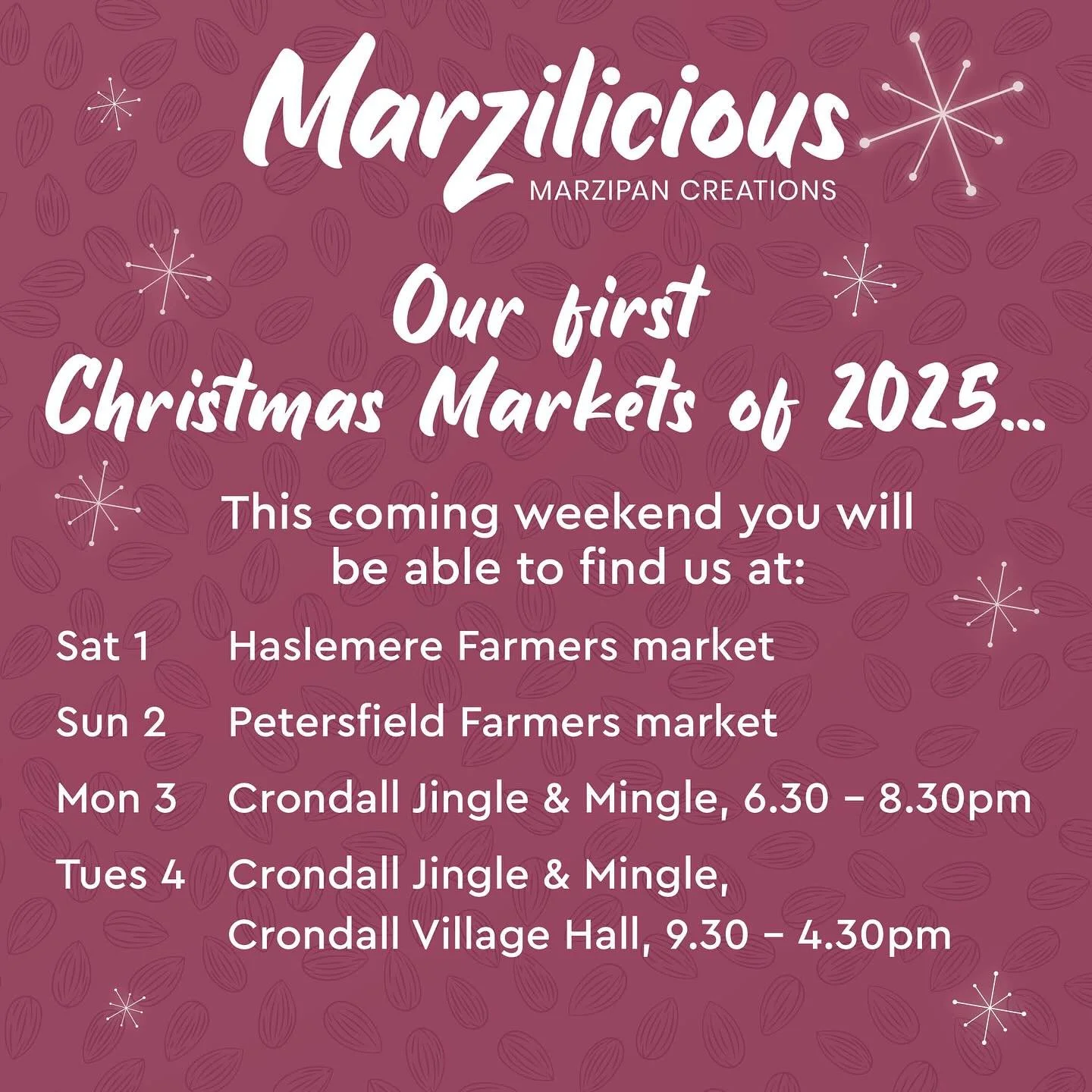 This weekend is the start of our Christmas markets. You can come and find us at:
Sat 1 Haslemere Farmers market
Sun 2 Petersfield Farmers market
Mon 3 and Tues 4 Crondall Jingle &amp; Mingle, Crondall Village Hall, 6.30 - 8.30pm and 9.30 - 4.30pm

We