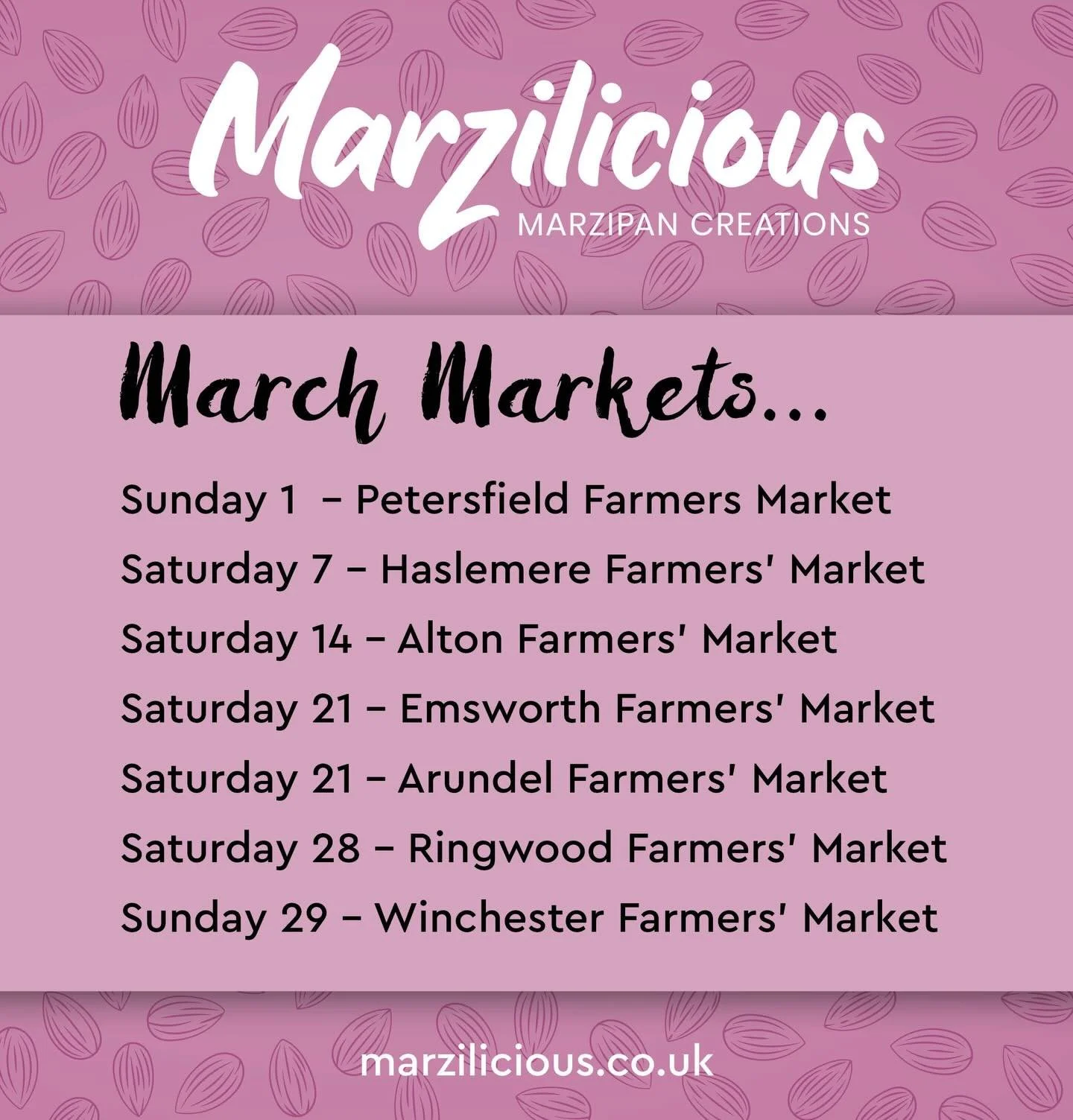 Whoop whoop, we&rsquo;re back! 
From this weekend we&rsquo;ll be back at markets and events where we&rsquo;ll have our seasonal marzipan treats ready for all you lovely marzifans&hellip;.
This coming Sunday we&rsquo;ll be at Petersfield for the @hant