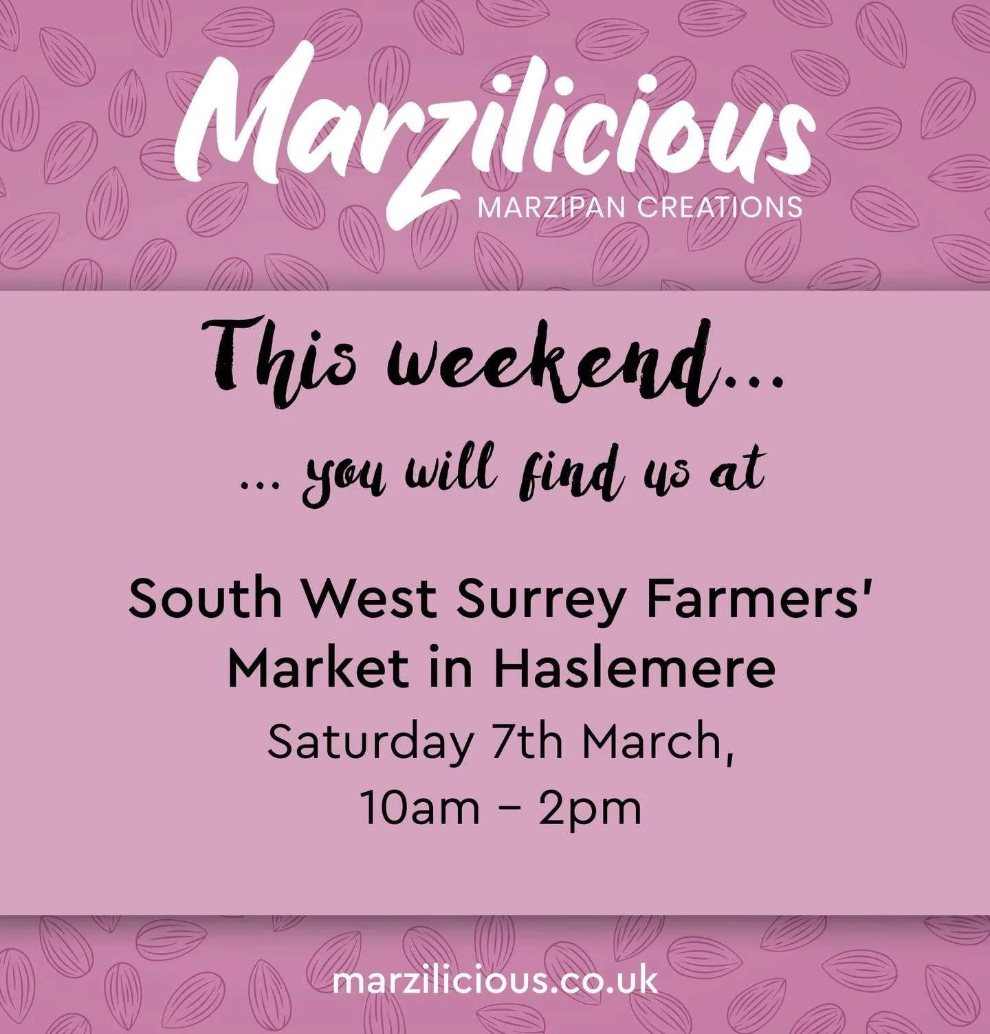 We&rsquo;ll be in Haslemere this coming Saturday for the @swsfarmersmarkets 
There be a load of marzipan goodies for Mothers Day and Easter so we look forward to seeing all you lovely marzifans there&hellip;.

#marzipan #mothersday #eastermarzipan #v