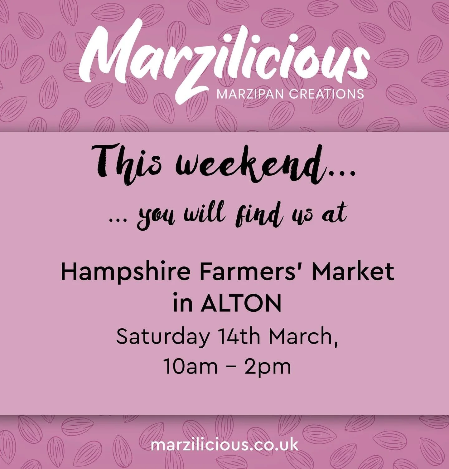 This coming Saturday you can find us @hantsmarkets in Alton. We&rsquo;ll have loads of our hand crafted marzipan goodies, perfect for last minute Mothers Day gifts or Easter treats! We look forward to seeing all you lovely marzifans there!

#marzipan