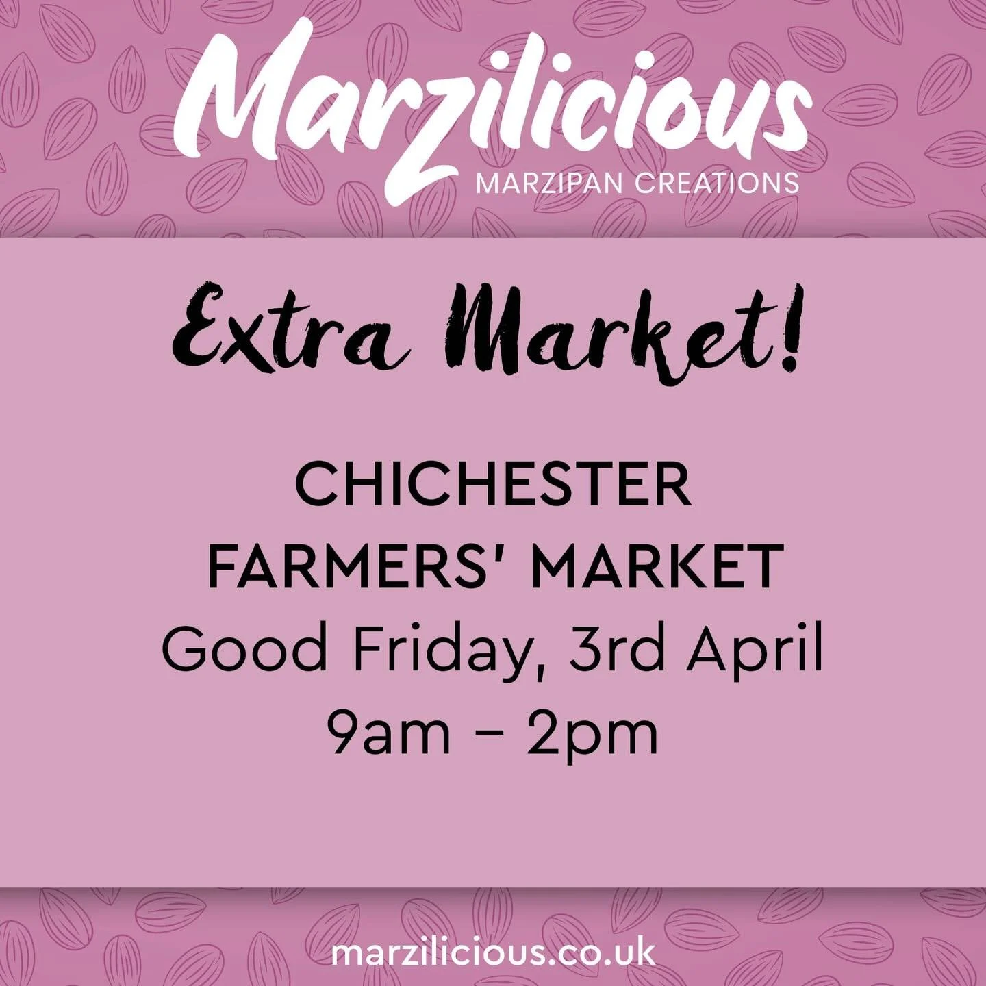 Yippee! We&rsquo;re squeezing in an extra pre-easter farmers market in Chichester this Friday. We&rsquo;ll have buns, bunnies and other Marzilicious treats so do pop on down between 9am-2pm and grab some last minute Easter treats.
See you there marzi