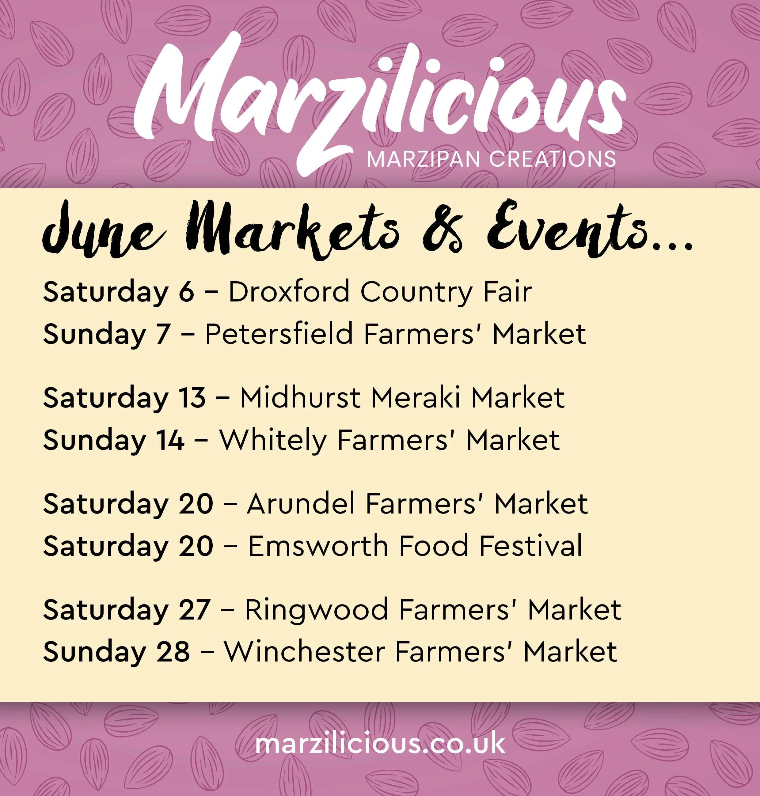 Another busy month coming up for Marzilicious&hellip;
We shall be attending some of our regular farmers markets plus heading along to a couple of new events. So if you are around, do pop by and pick up some delicious marzipan treats&hellip;. And, don