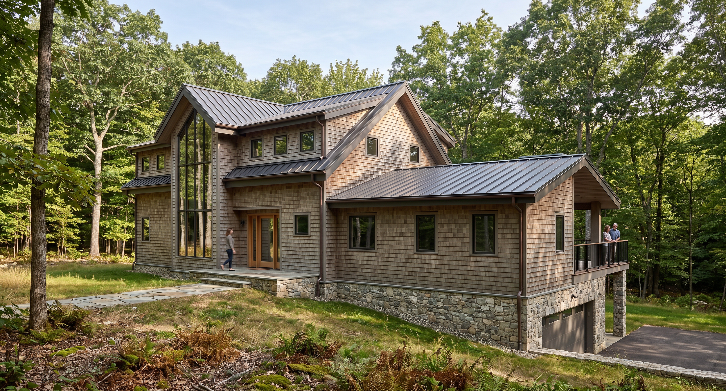 Front exterior of a stone and timber lake house with a metal roof, Wisconsin