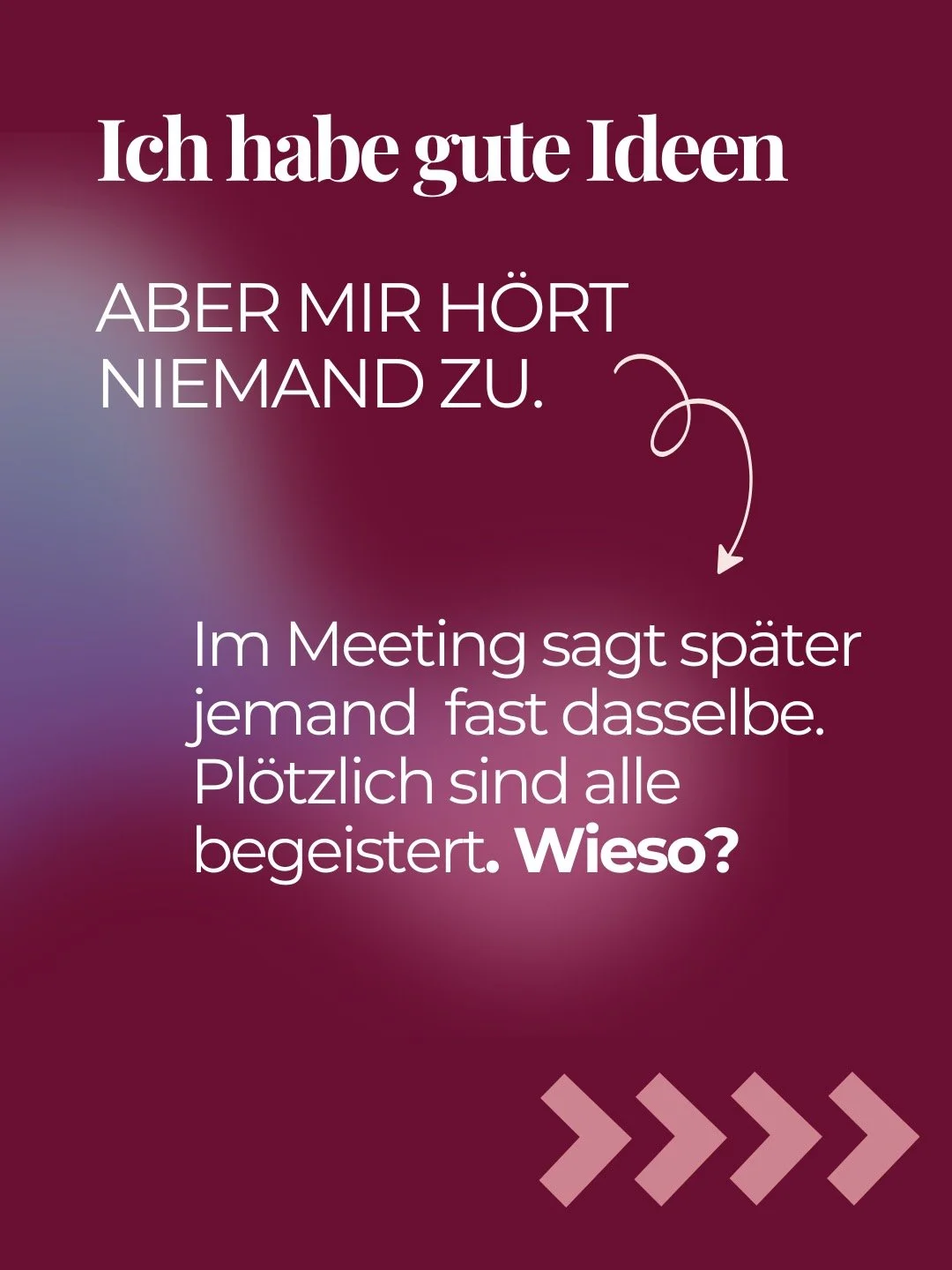 Kennst du deine Sprechgewohnheiten?
Oft liegt es nicht an der Idee,
sondern an der Art, wie sie ausgesprochen wird.

Wenn du dir nicht sicher bist,
woran es bei dir liegt,
mach dir am besten gleich einen 👉kostenlosen KurzGefragt Termin mit mir aus. 