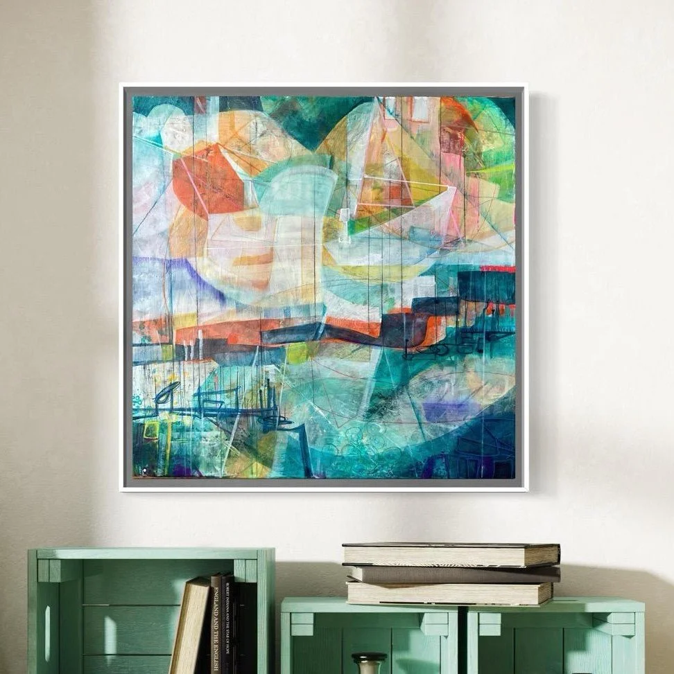 Contemporary abstract seascape artwork with layered blue textures