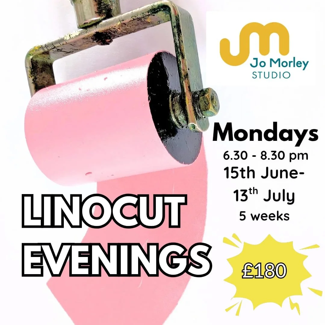 Linocut Evenings course promotional graphic, Jo Morley Studio, Mondays 6.30–8.30pm, 15th June–13th July, 5 weeks, £180