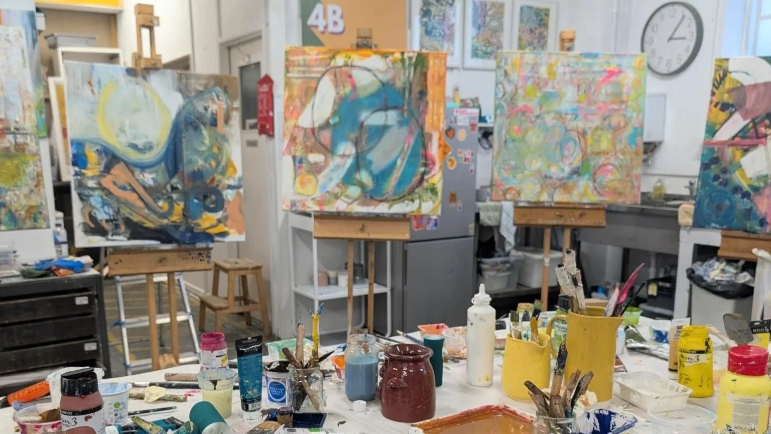 art easels in studio, abstract art