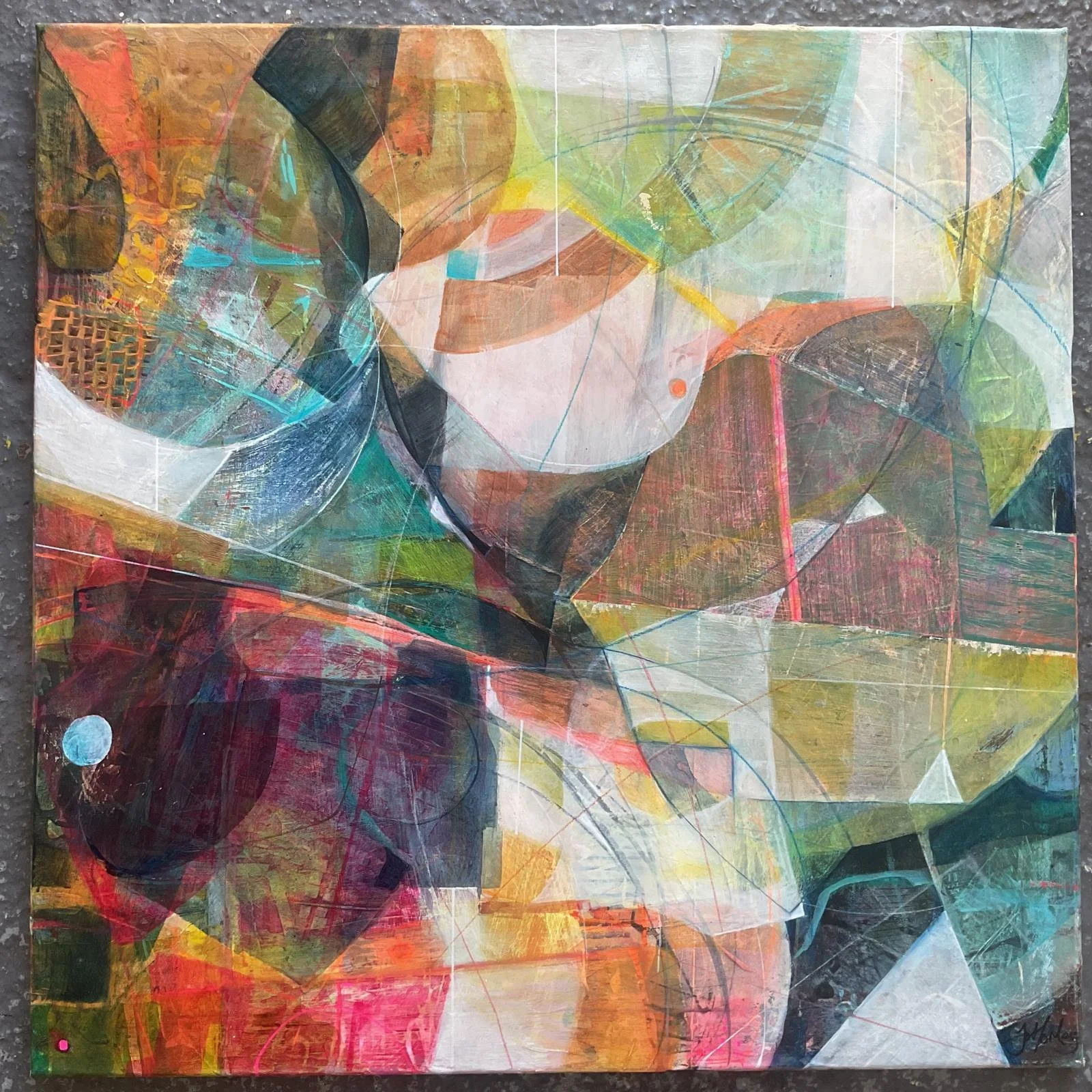 Quay Shapes — abstract framed artwork by Jo Morley, 63 x 63cm, inspired by Kemps Quay, Southampton