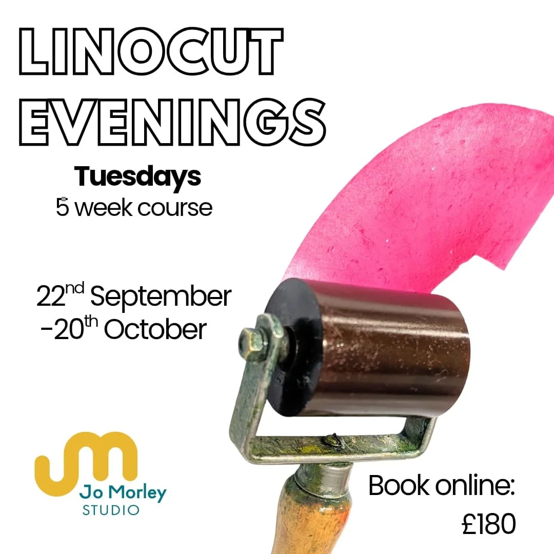 Poster for Lino cut evenings at Jo morleys art studio, Southampton