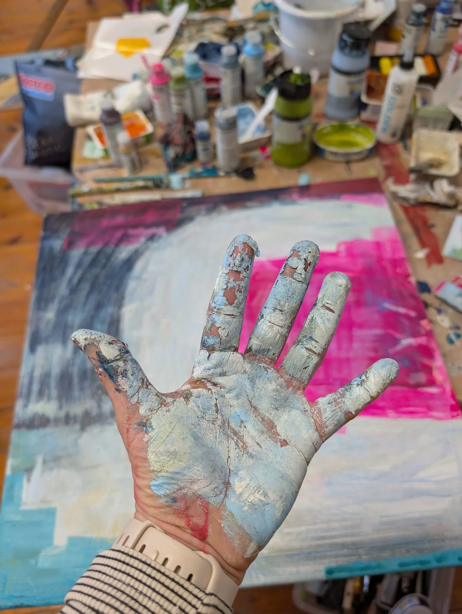 Artist Jo Morley creating her artwork, Buoyant in her Southampton studio