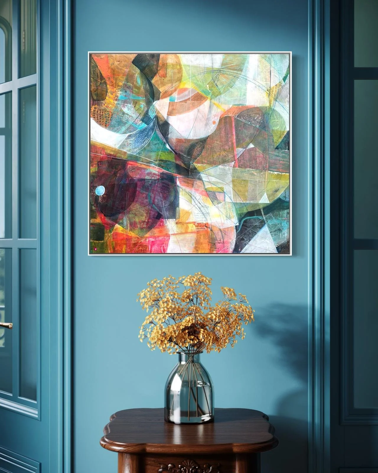 Quay Shapes — abstract framed artwork by Jo Morley, 63 x 63cm, inspired by Kemps Quay, Southampton
