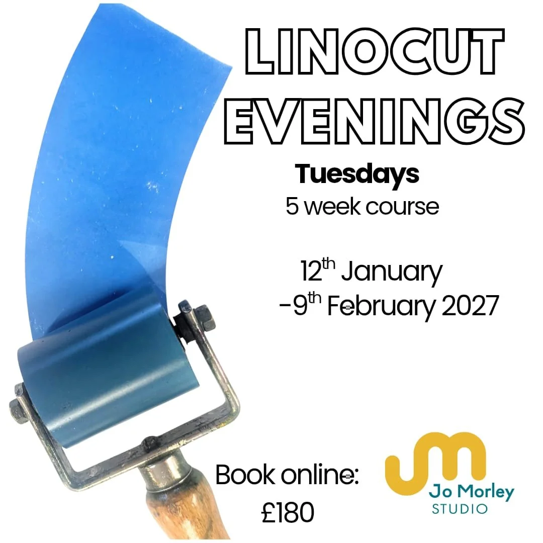 Linocut Evenings graphic, Tuesdays, 5-week course, 12th January–9th February 2027, Jo Morley Studio, £180