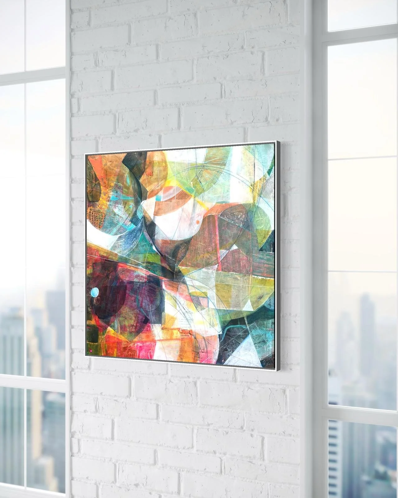Quay Shapes — abstract framed artwork by Jo Morley, 63 x 63cm, inspired by Kemps Quay, Southampton