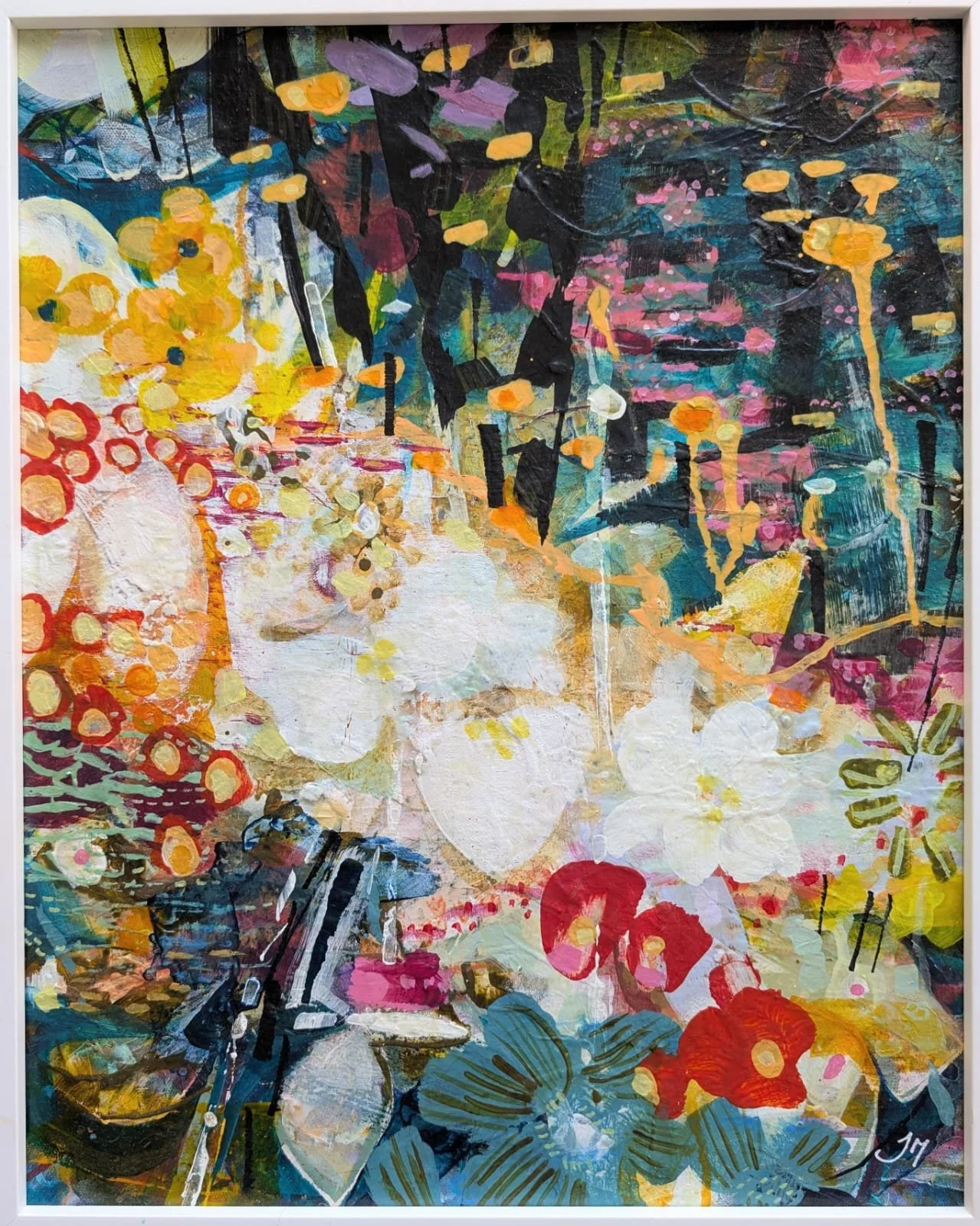 Undertow — original framed floral abstract painting by Jo Morley, acrylic on canvas, 40 x 50cm (sold)