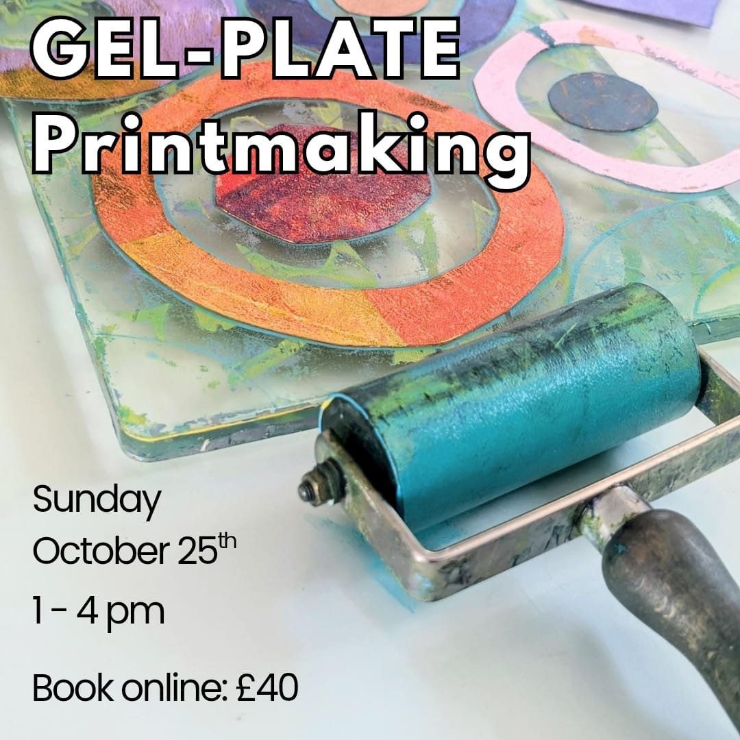 Gel-Plate Printmaking workshop graphic, Jo Morley Studio, Sunday 25th October, 1–4pm, £40