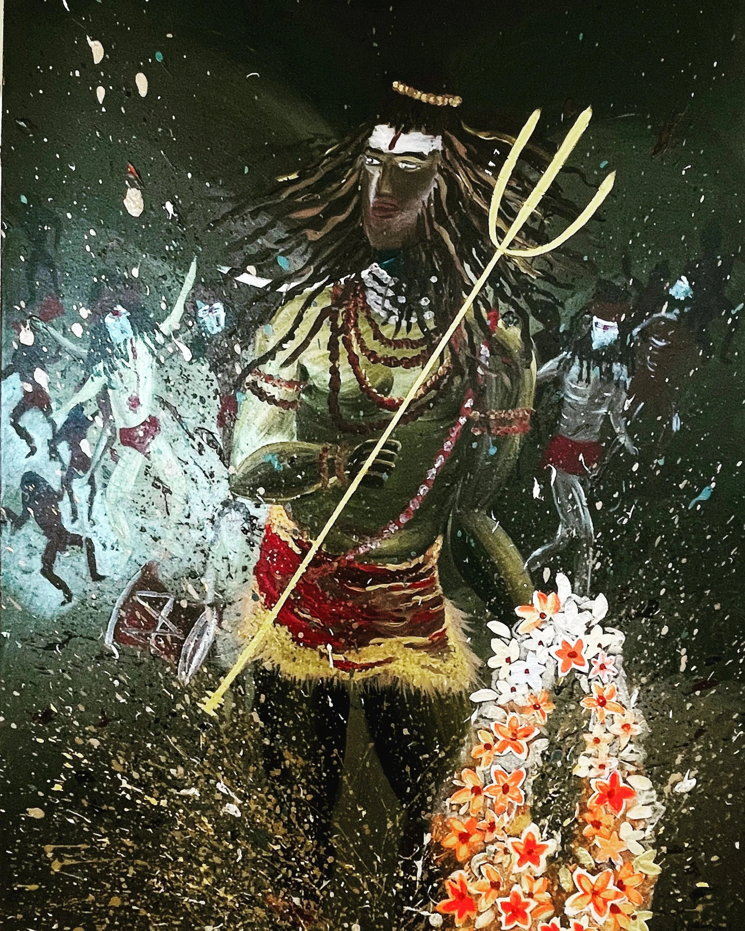 Painting of Lord Shiva with long hair, holding a trident, and surrounded by figures and floral decorations against a dark background.