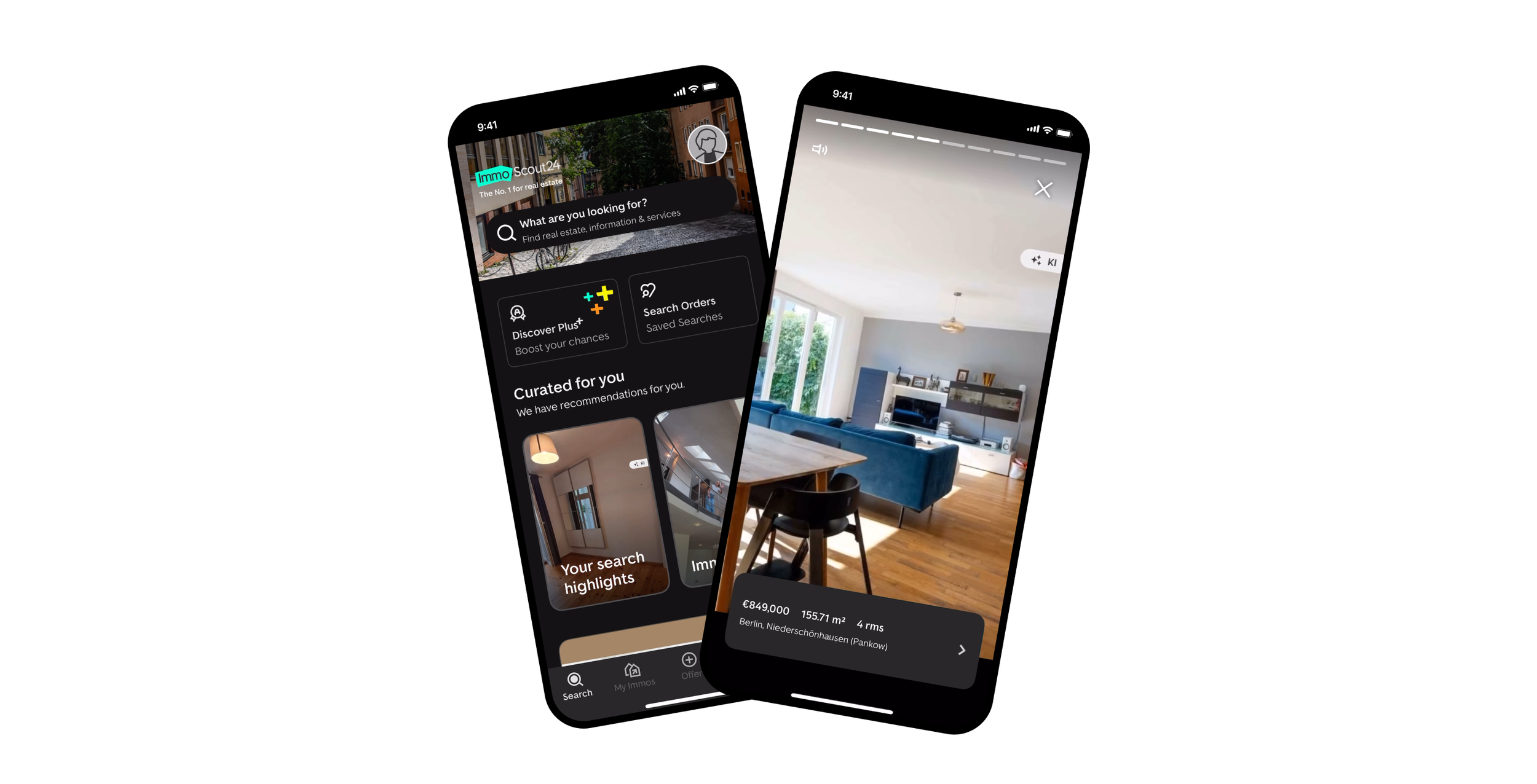 Two angled mobile mockups on a black background. One shows the ImmoScout24 app homepage with a story style entry point, and the other shows a vertical property video with listing details such as price, size, rooms and location.
