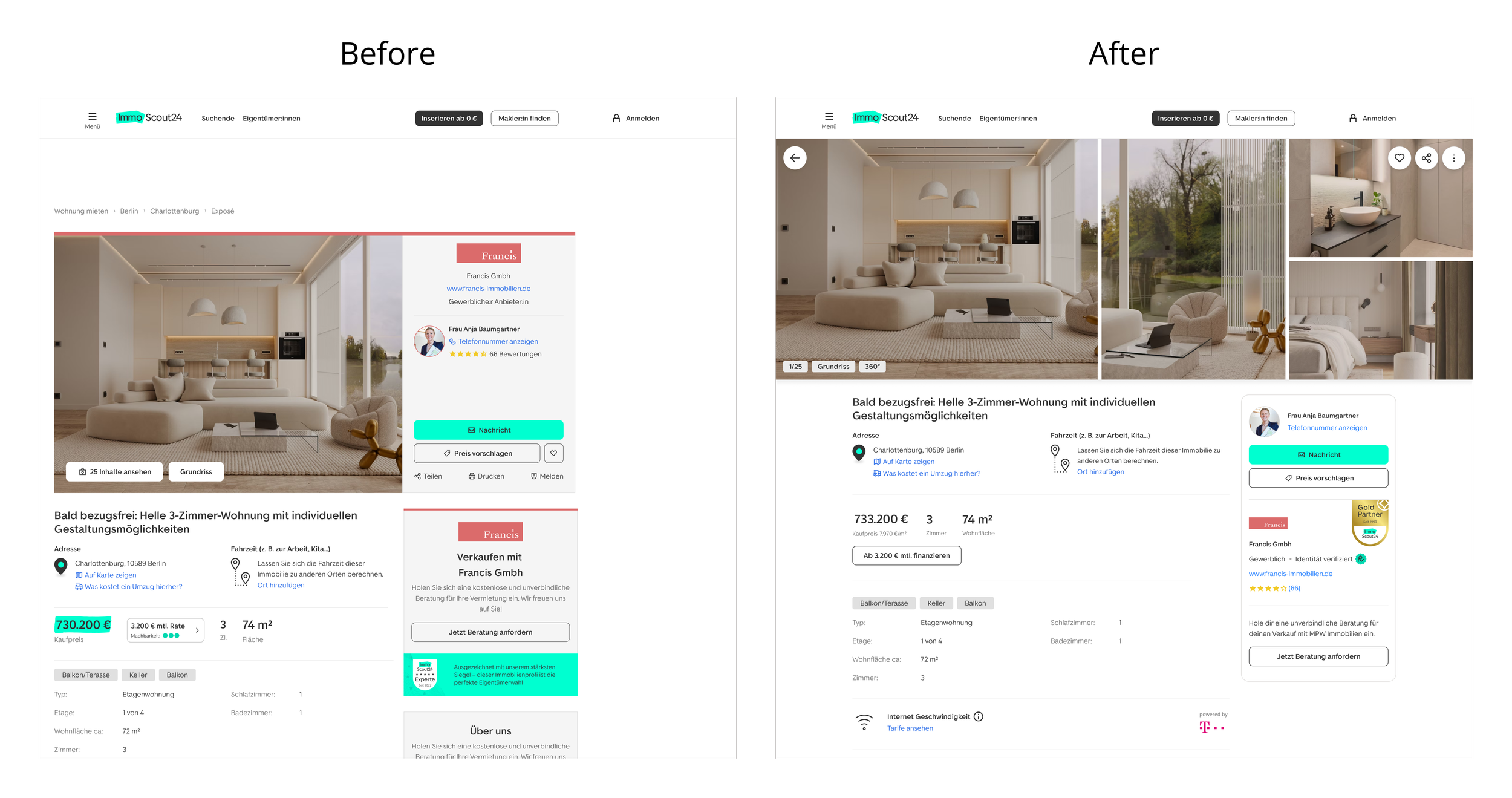 Side by side comparison of the original Panorama Exposé and the final redesign. The visual highlights the shift from a single image and branding heavy layout to a more spacious, image focused premium experience.
