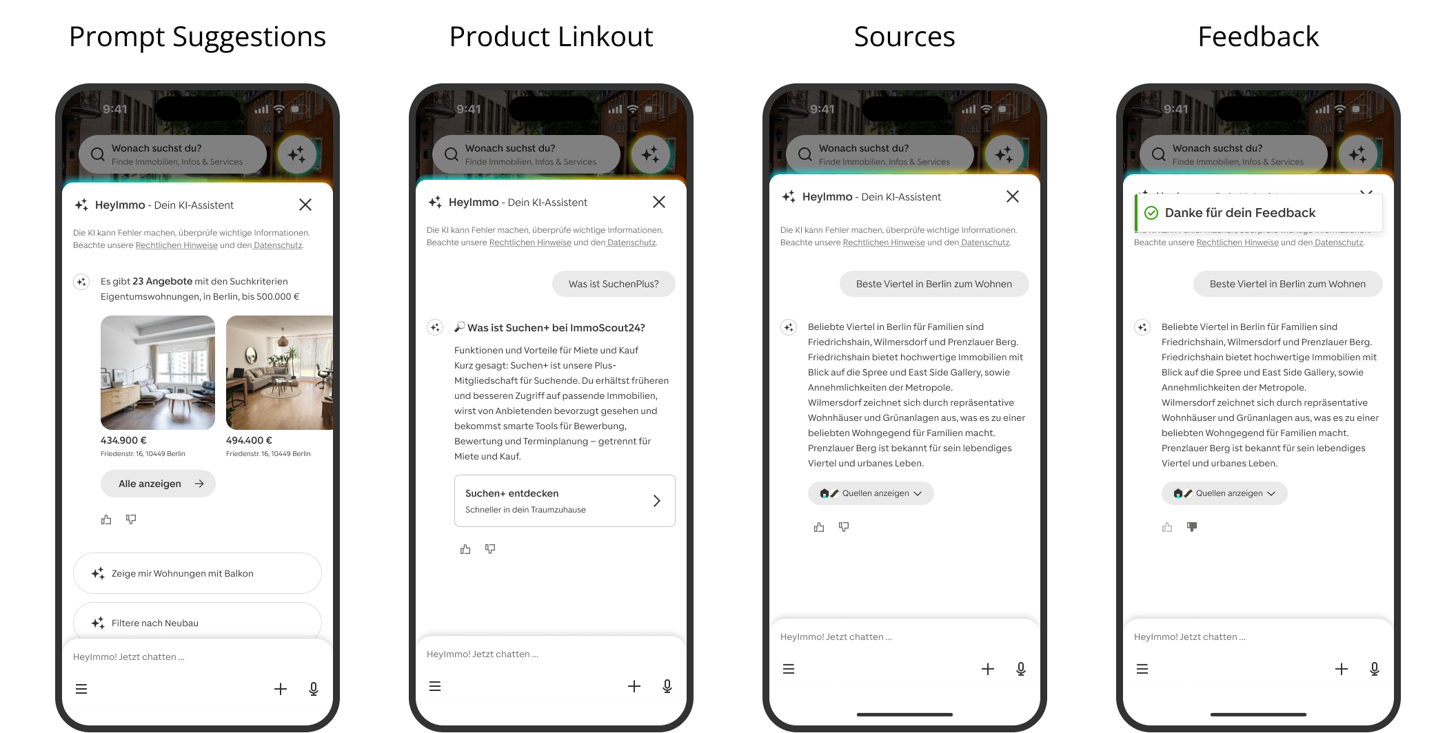 Four mobile screens showing different HeyImmo interaction states: property recommendations, product guidance, a text answer with sources, and feedback confirmation. The visual communicates trust, actionability and assistant functionality.