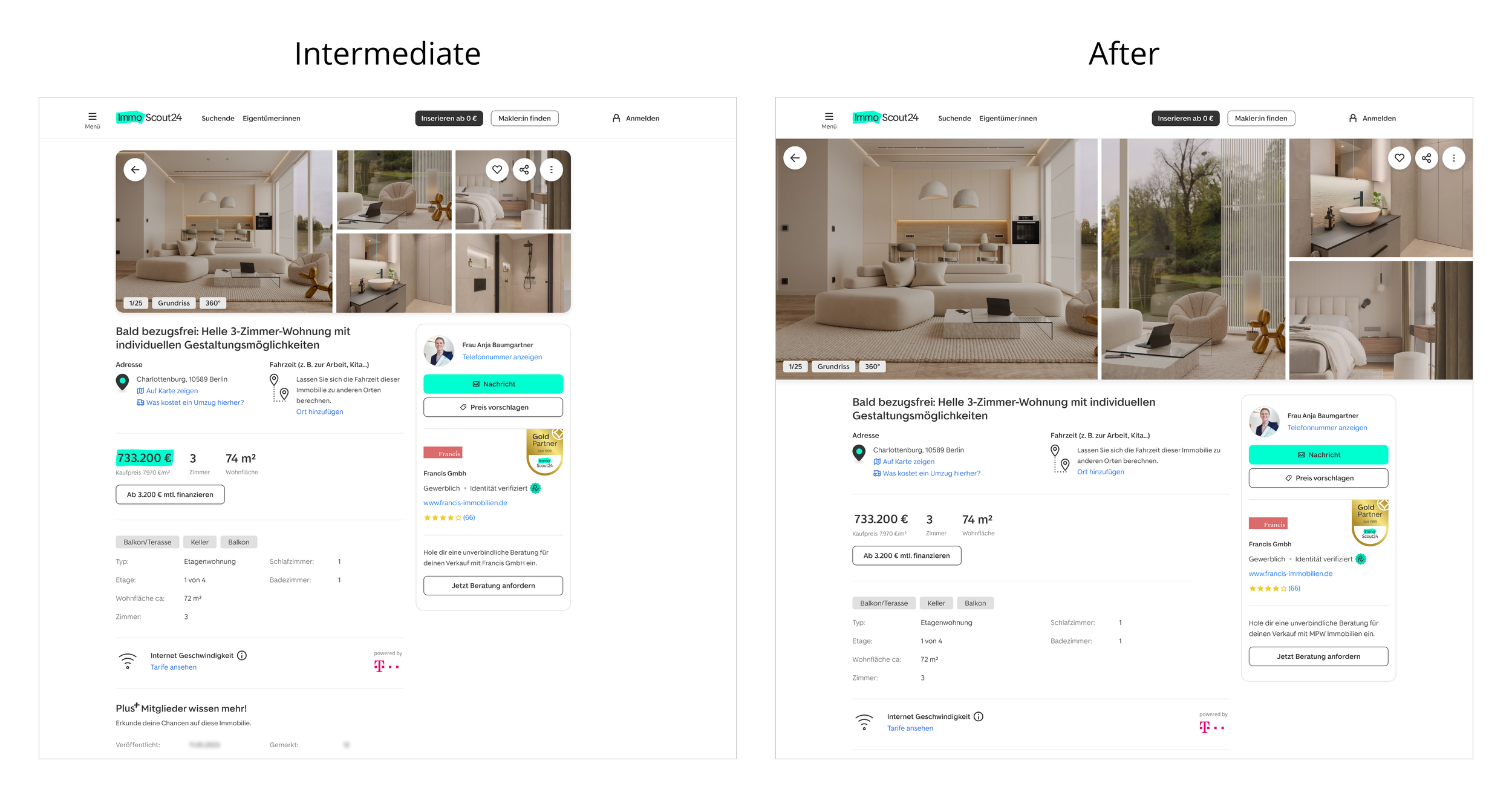 Side by side comparison of the intermediate layout and the final Panorama layout. The final version expands the imagery into a much larger, more immersive above the fold experience.