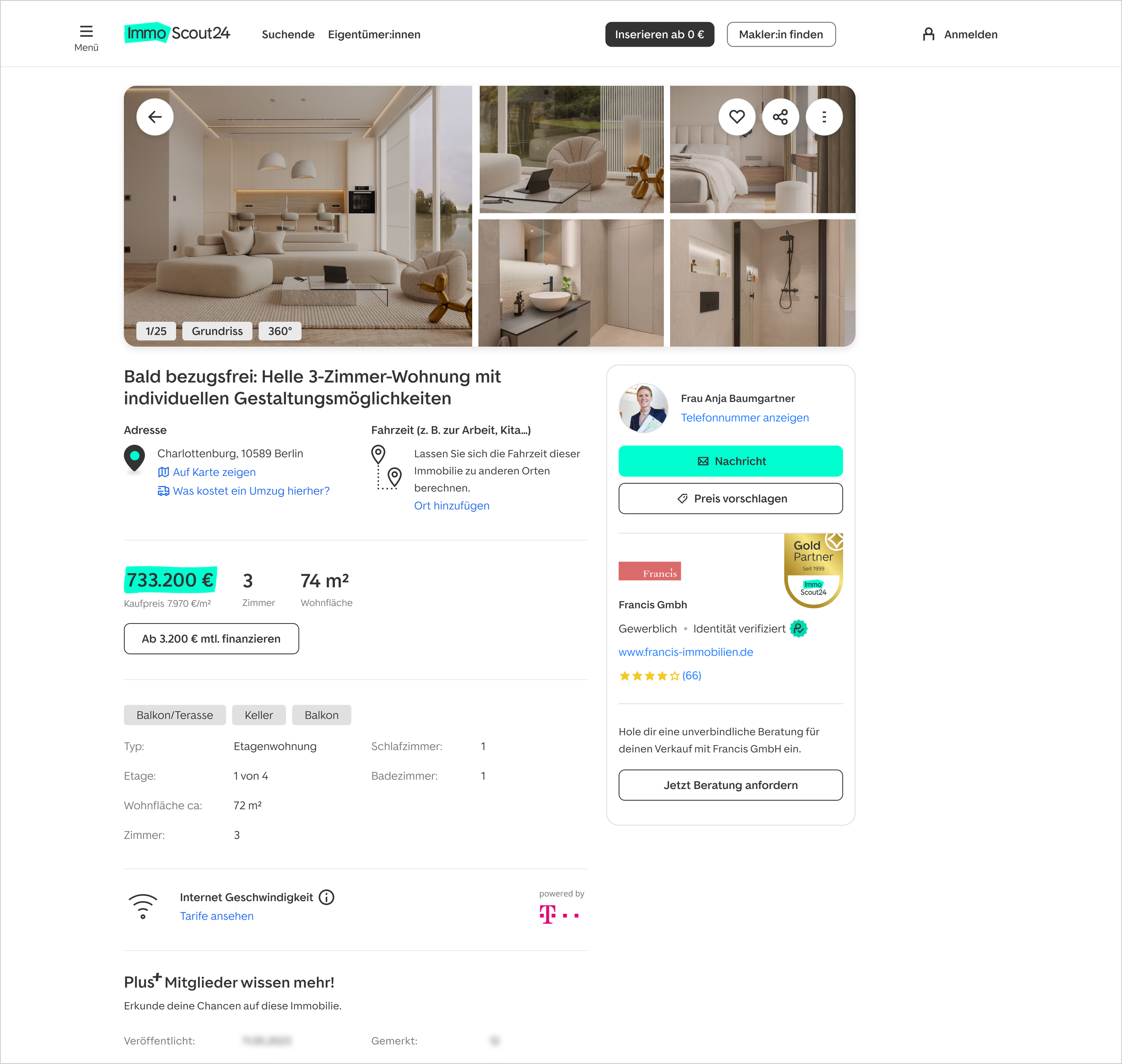 Desktop screenshot showing the broader Exposé redesign. A five image gallery sits at the top, with property details below and a sticky contact card on the right. The layout feels more balanced but still leaves unused side space.