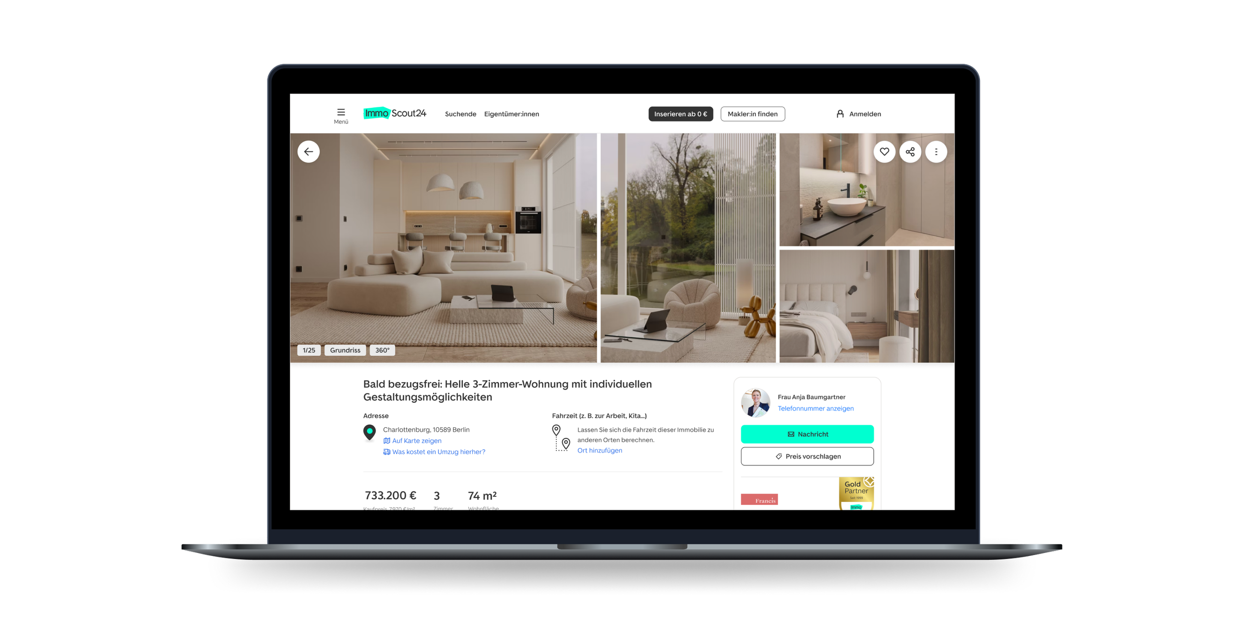 Laptop mockup showing the redesigned Panorama Exposé on desktop. The page uses a large multi image gallery at the top, with listing details and a contact card visible below.