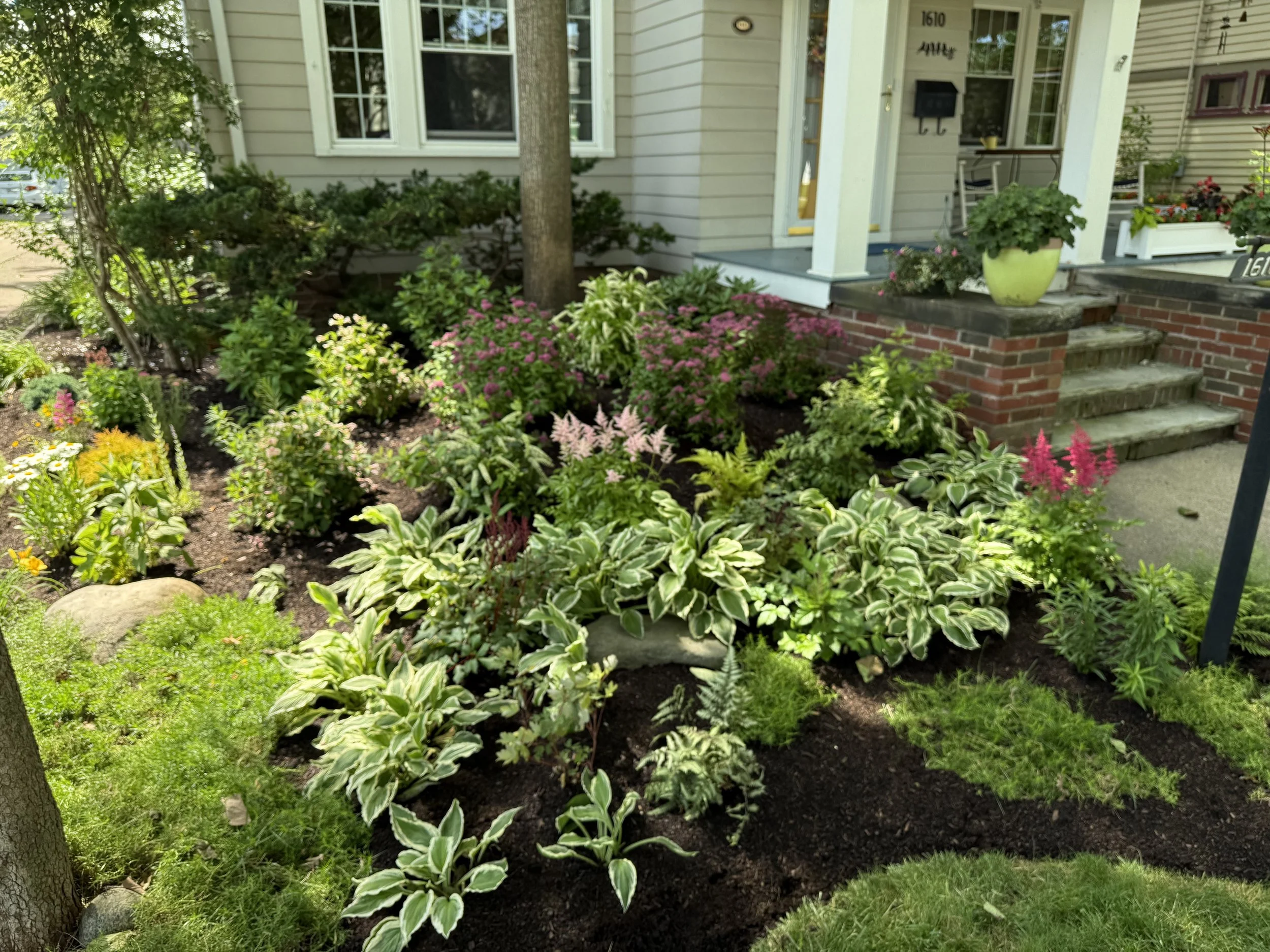 Front yard with colorful flowering plants, shrubs, and garden beds in front of a house with steps leading to the porch. The house has cream siding, and a large window is visible. There are potted plants and garden decorations on the porch.