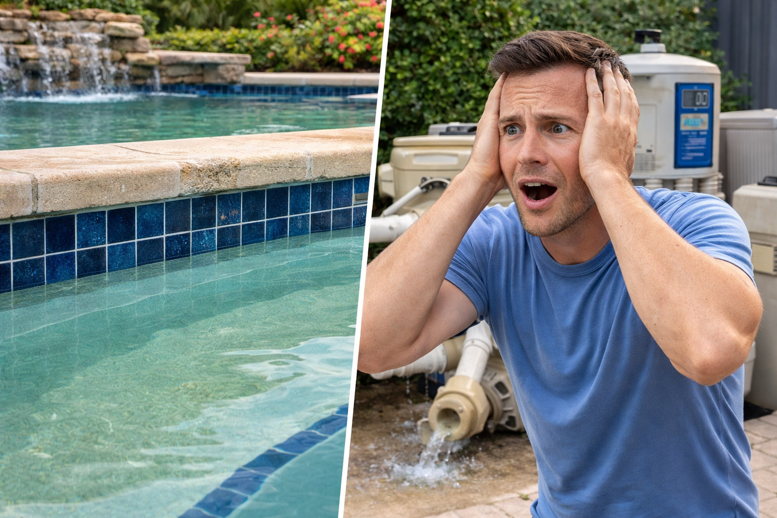 Illustration of a family swimming in a pool with inflatable rings, surrounded by palm trees and mountains.