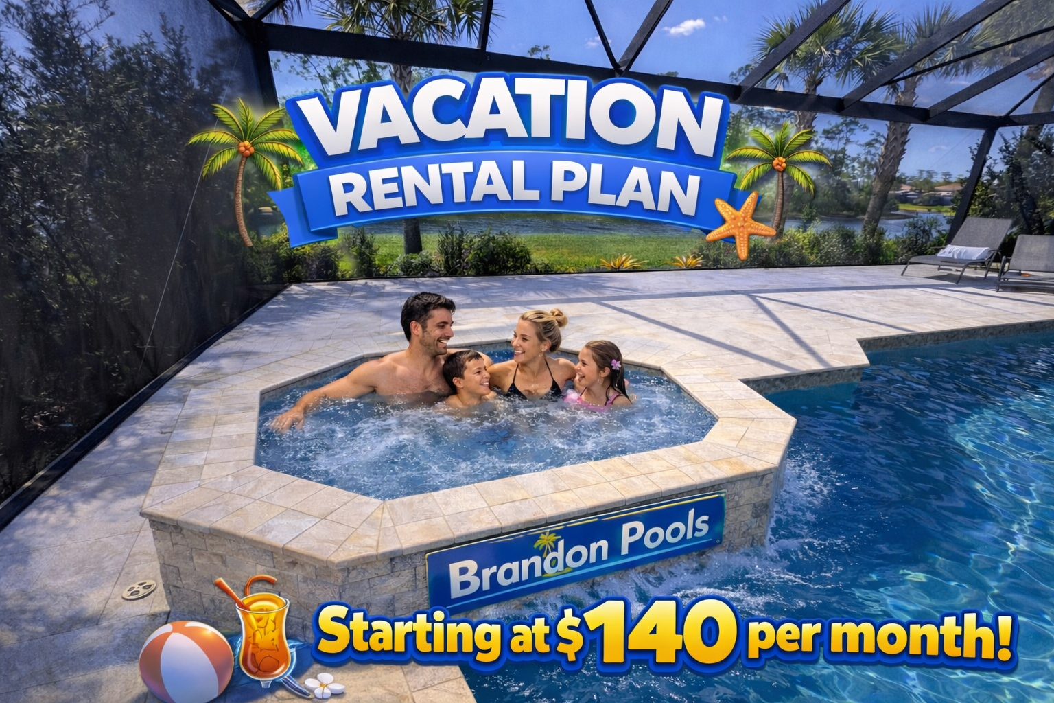 Illustration of a family in a swimming pool with two adults and two children using inflatable rings, surrounded by palm trees, under a sunny sky.
