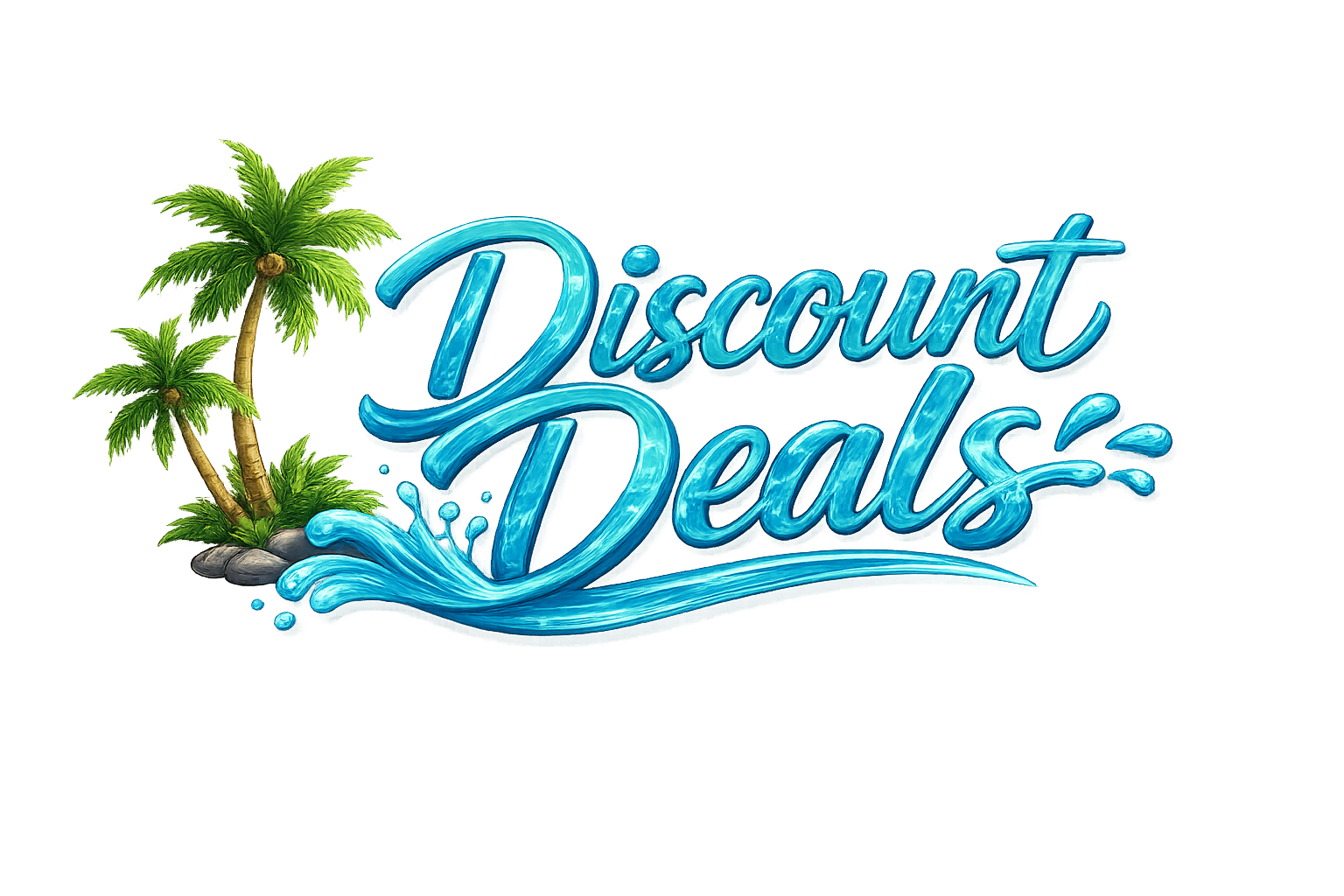 Neon sign reading 'Discount Deals' with palm trees and water splash graphics against a dark background.